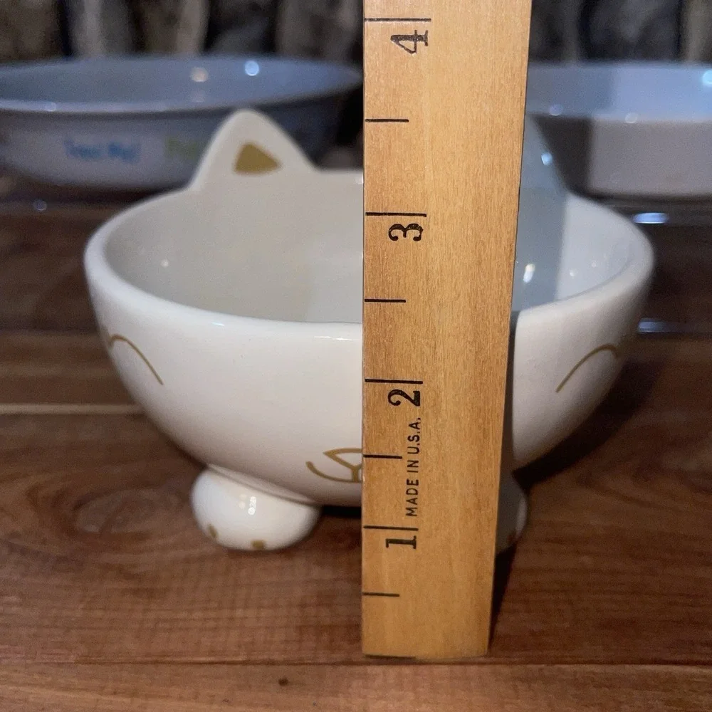 Lot Of 3 Ceramic Cat Feeding Water Bowl Dishes White, Blue Stoneware Kitty